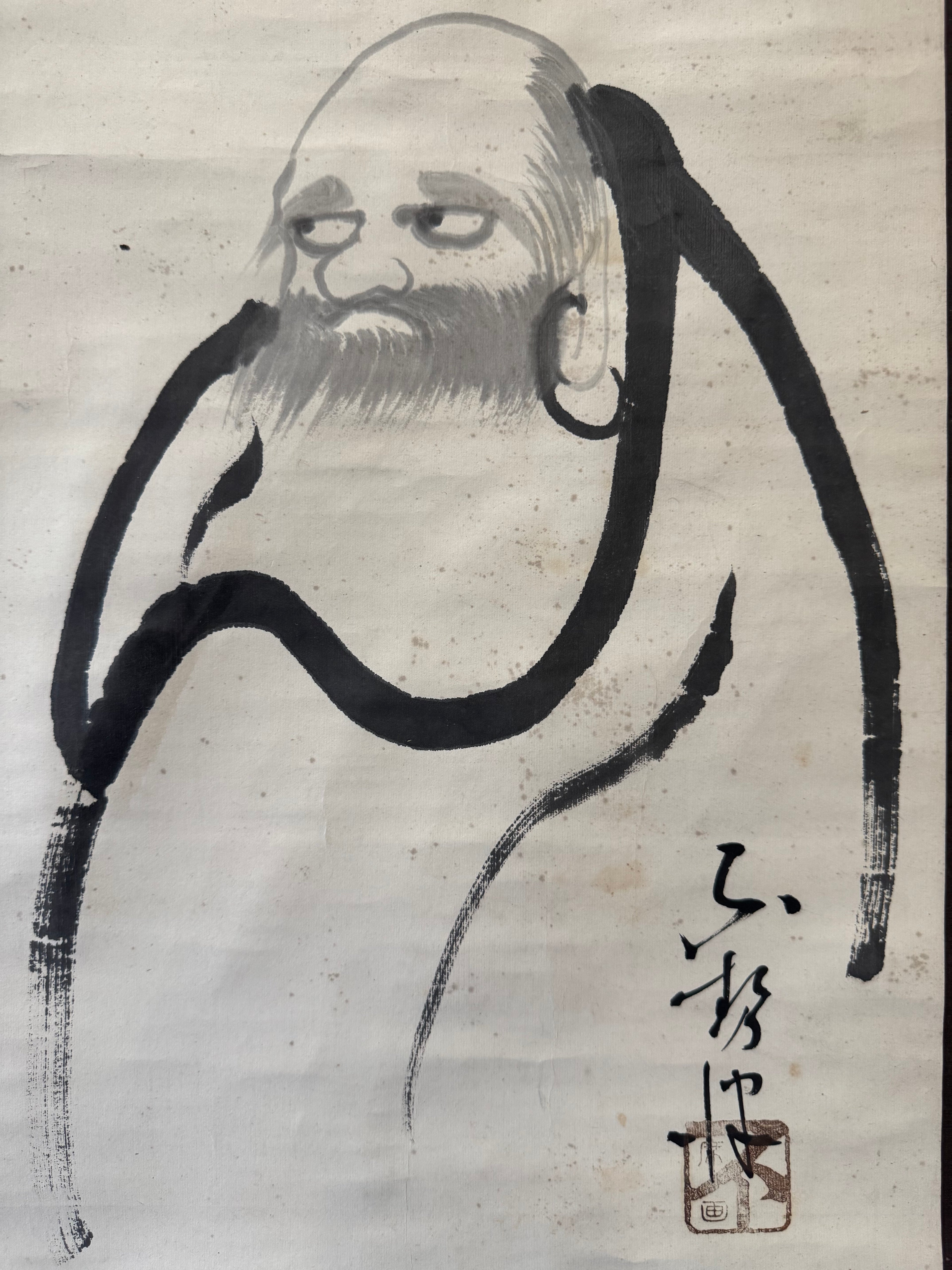 Japanese Zen Daruma Kakemono – Minimalist Bodhidharma Ink Painting – Edo Style Scroll