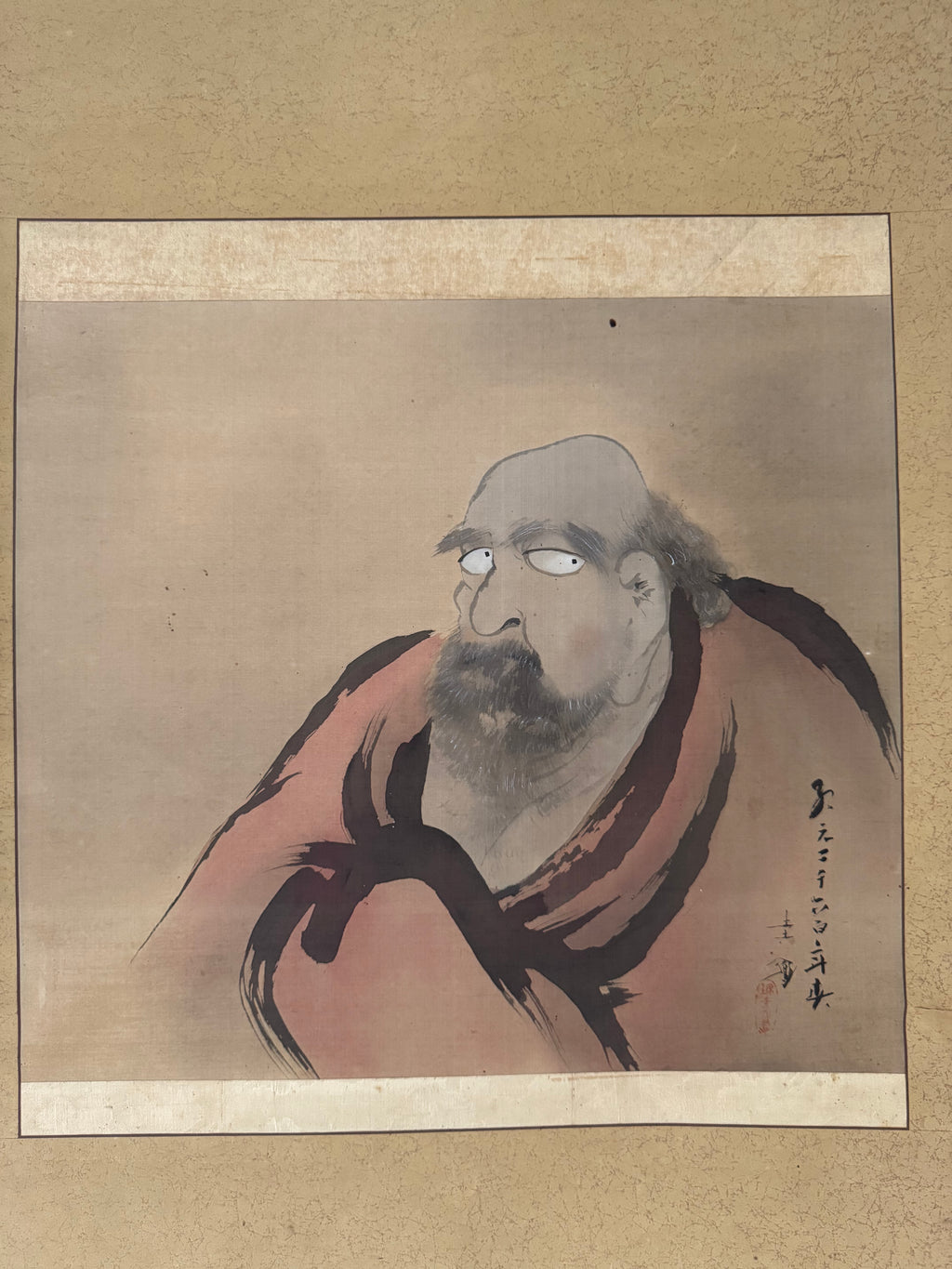 Japanese Daruma Kakemono – Edo Period Zen Painting – Bodhidharma in Red Robe