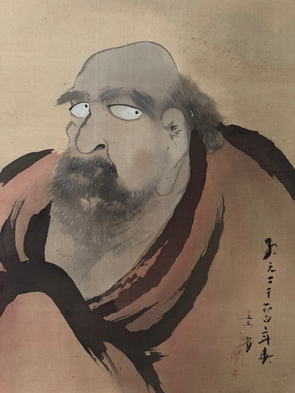 Japanese Daruma Kakemono – Edo Period Zen Painting – Bodhidharma in Red Robe