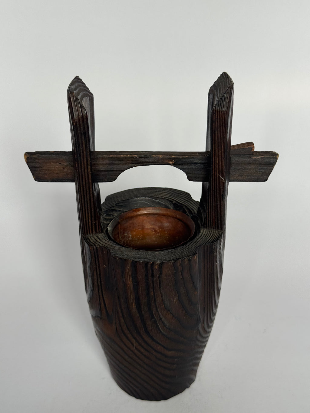 Japanese Wooden Ikebana Vase with Handle – Solid Wood Flower Vessel with Copper Liner