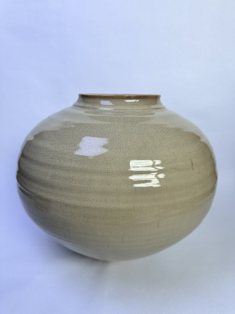 Vintage Japanese Ceramic Vase, Large Round Form, Matte Crackle Glaze