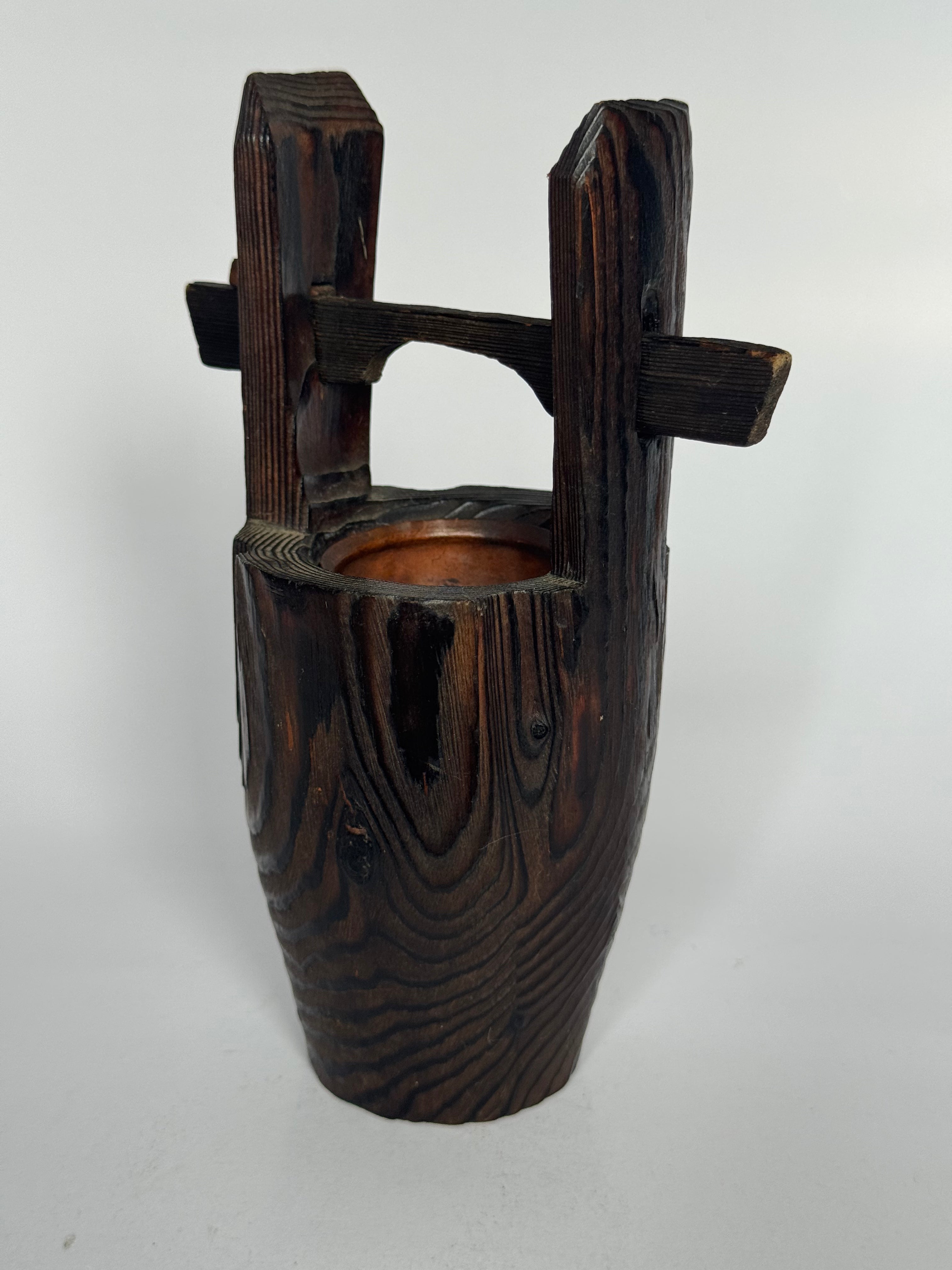 Japanese Wooden Ikebana Vase with Handle – Solid Wood Flower Vessel with Copper Liner