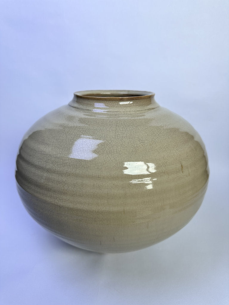 Vintage Japanese Ceramic Vase, Large Round Form, Matte Crackle Glaze