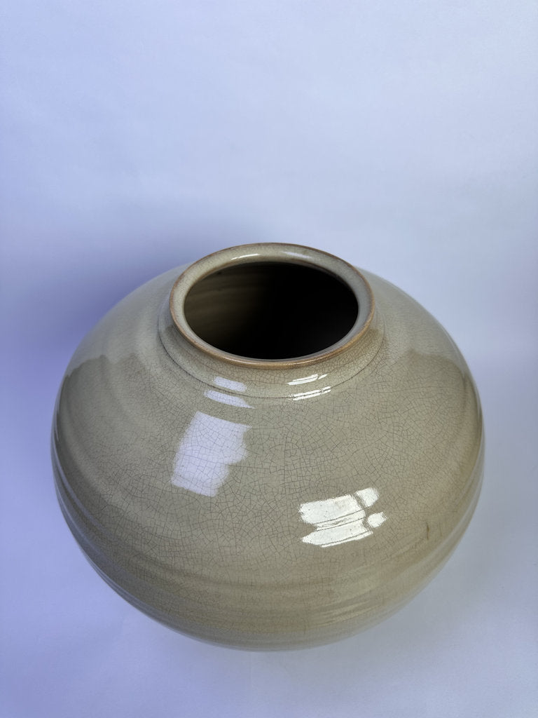 Vintage Japanese Ceramic Vase, Large Round Form, Matte Crackle Glaze