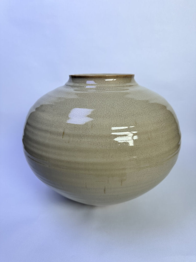 Vintage Japanese Ceramic Vase, Large Round Form, Matte Crackle Glaze