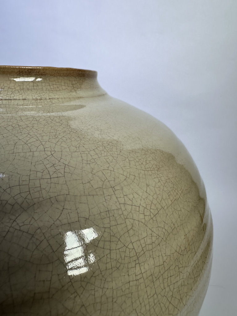 Vintage Japanese Ceramic Vase, Large Round Form, Matte Crackle Glaze