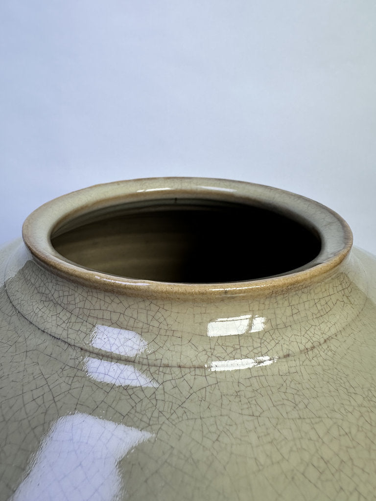 Vintage Japanese Ceramic Vase, Large Round Form, Matte Crackle Glaze