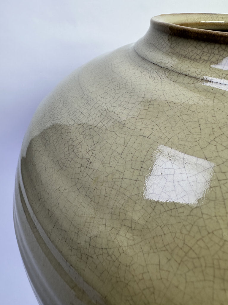 Vintage Japanese Ceramic Vase, Large Round Form, Matte Crackle Glaze