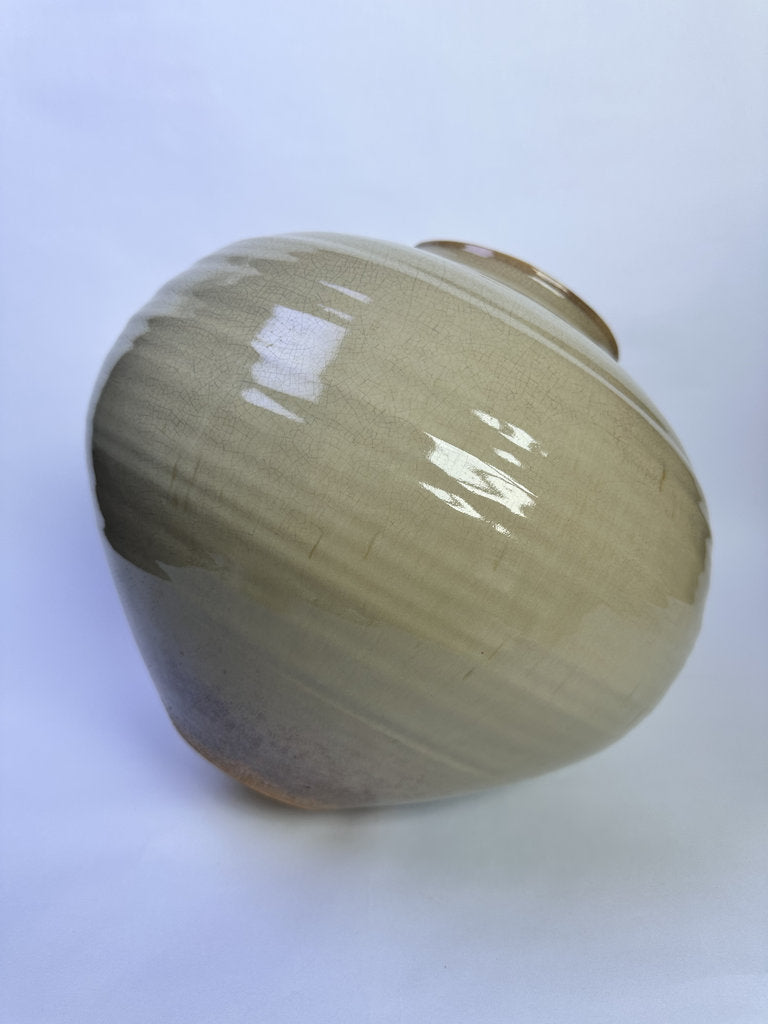 Vintage Japanese Ceramic Vase, Large Round Form, Matte Crackle Glaze