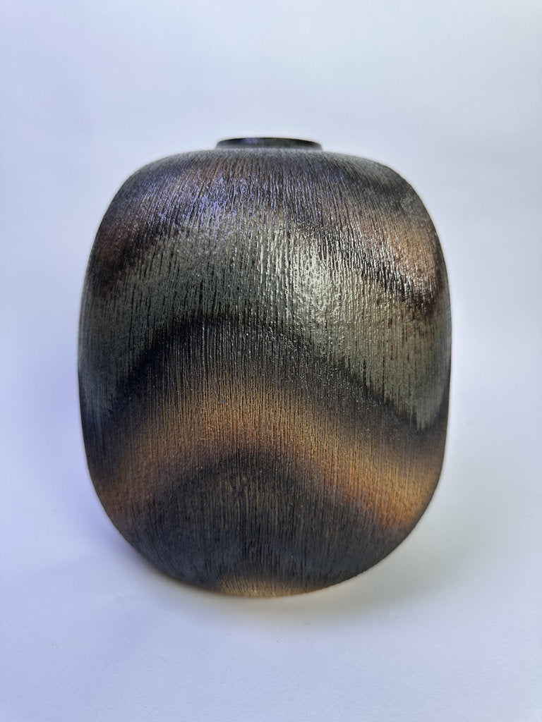 Vintage Japanese Shigaraki Vase, Signed, Carved Texture Fire Gradient