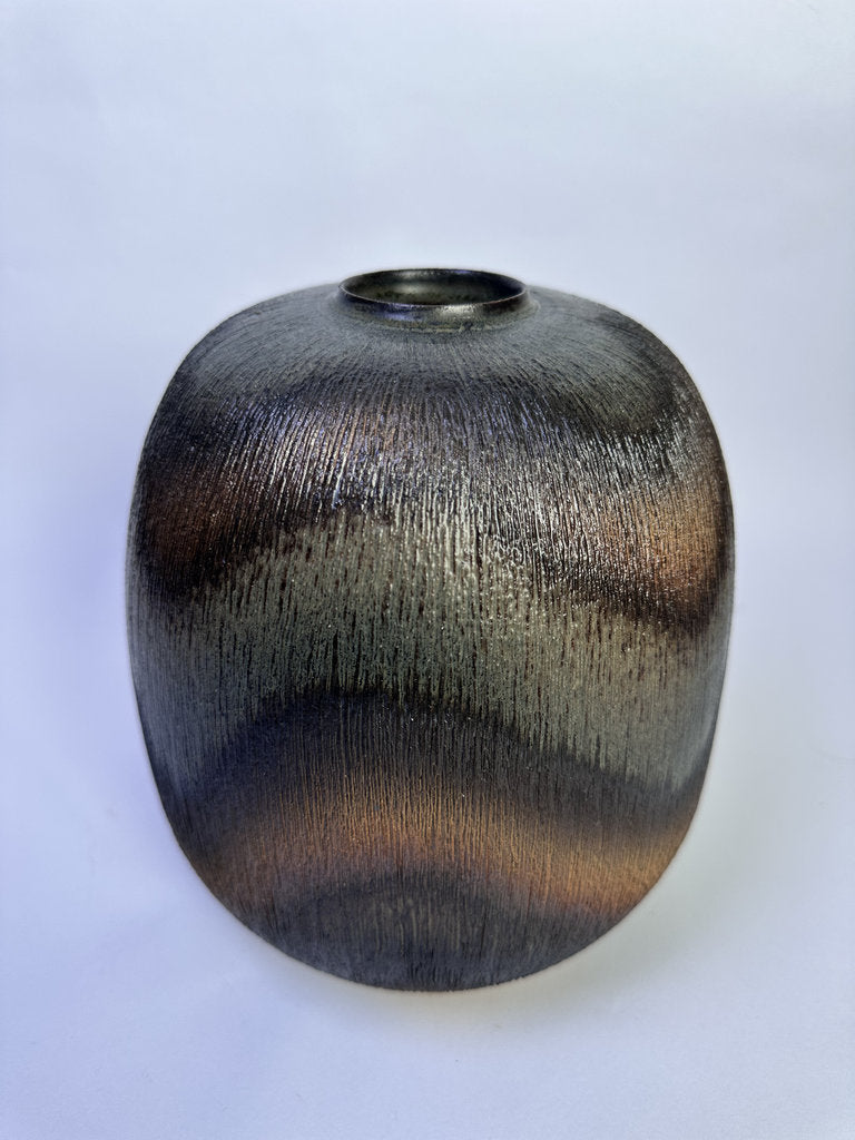 Vintage Japanese Shigaraki Vase, Signed, Carved Texture Fire Gradient