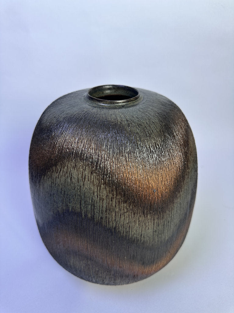Vintage Japanese Shigaraki Vase, Signed, Carved Texture Fire Gradient