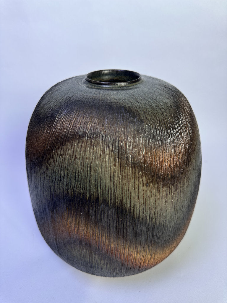 Vintage Japanese Shigaraki Vase, Signed, Carved Texture Fire Gradient