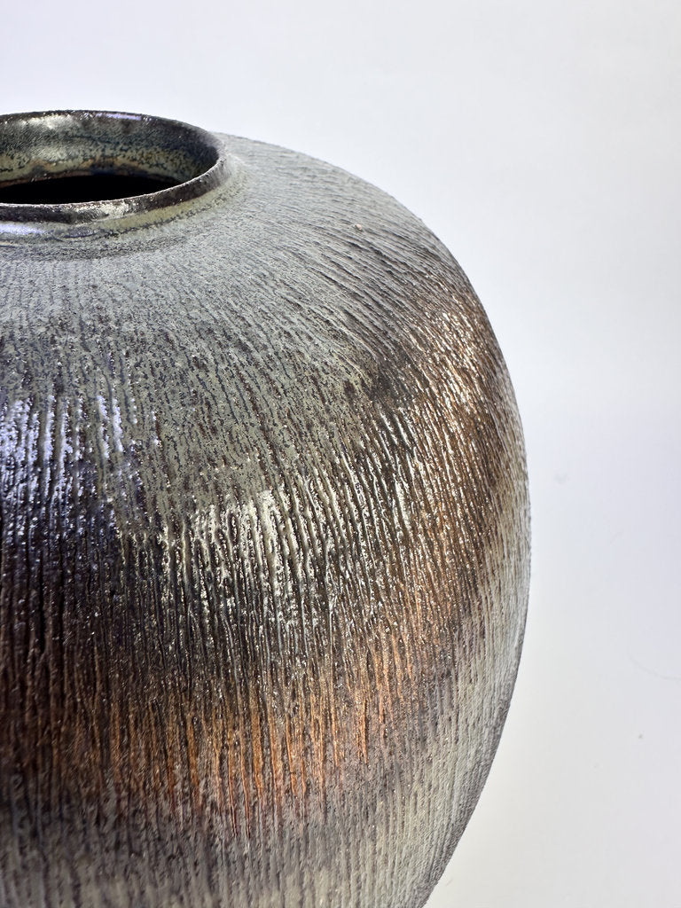 Vintage Japanese Shigaraki Vase, Signed, Carved Texture Fire Gradient