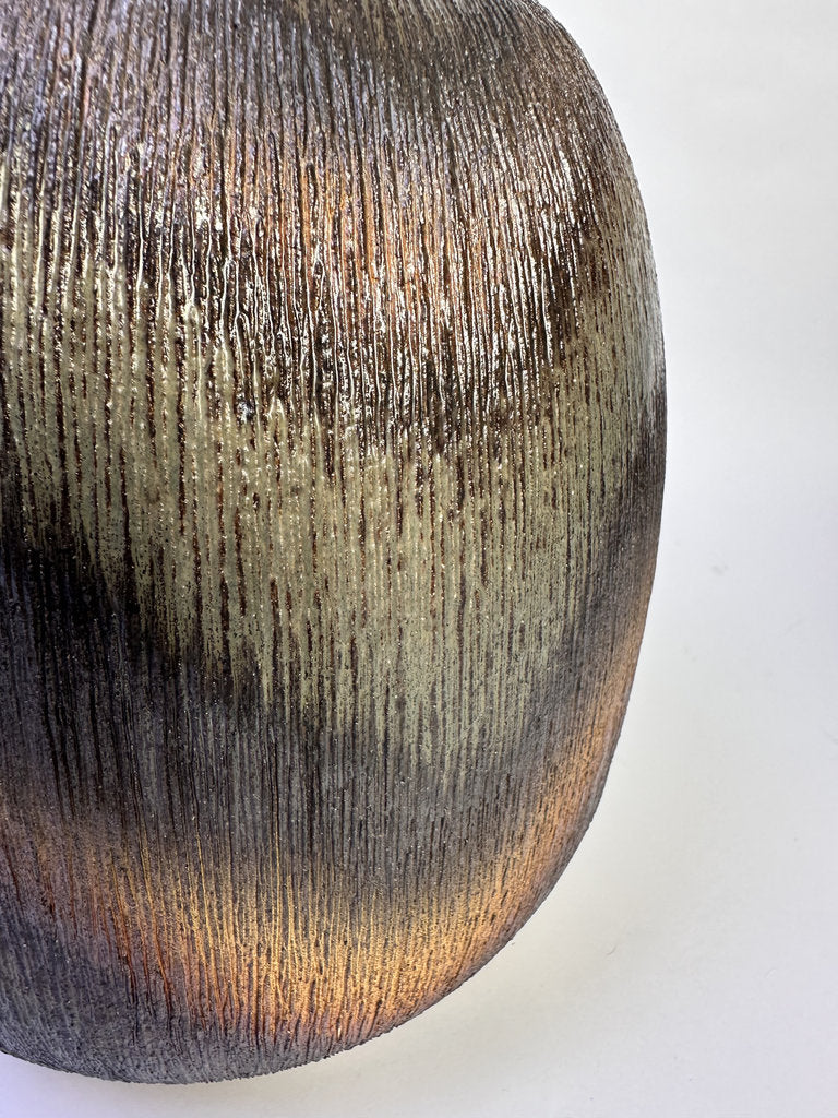 Vintage Japanese Shigaraki Vase, Signed, Carved Texture Fire Gradient