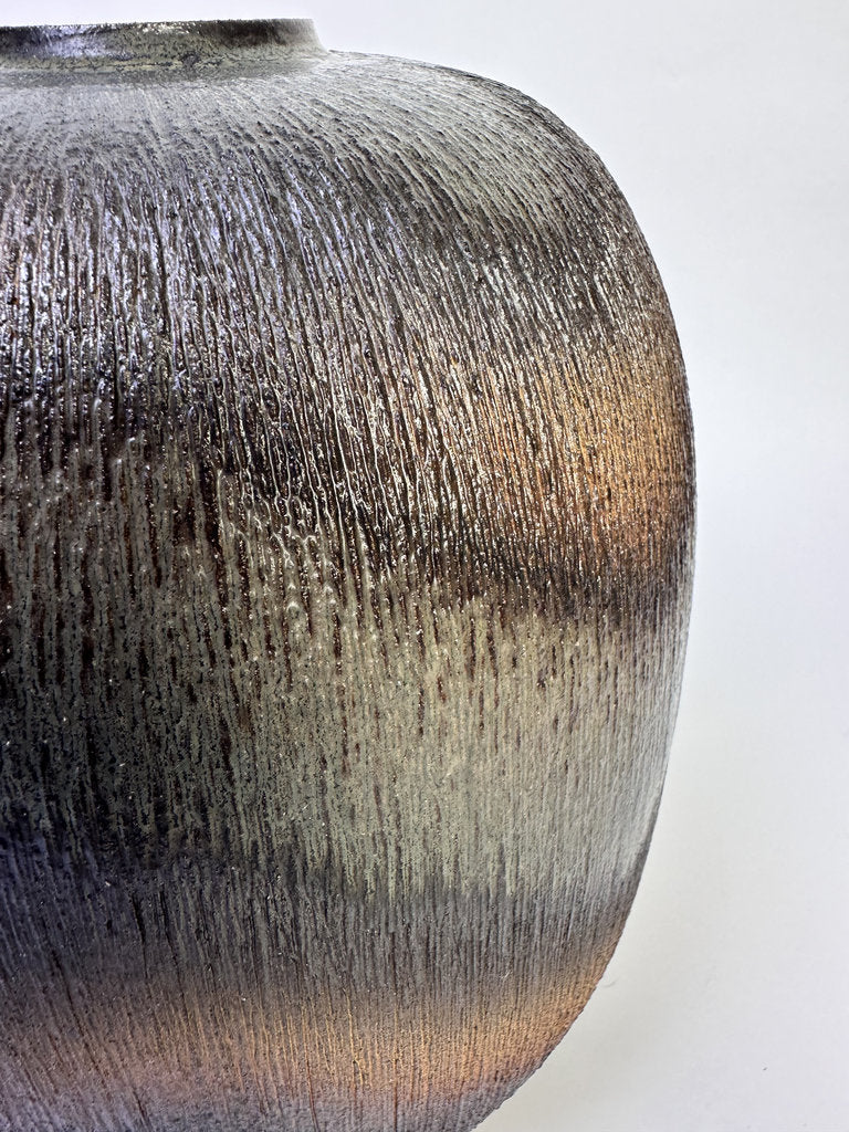 Vintage Japanese Shigaraki Vase, Signed, Carved Texture Fire Gradient