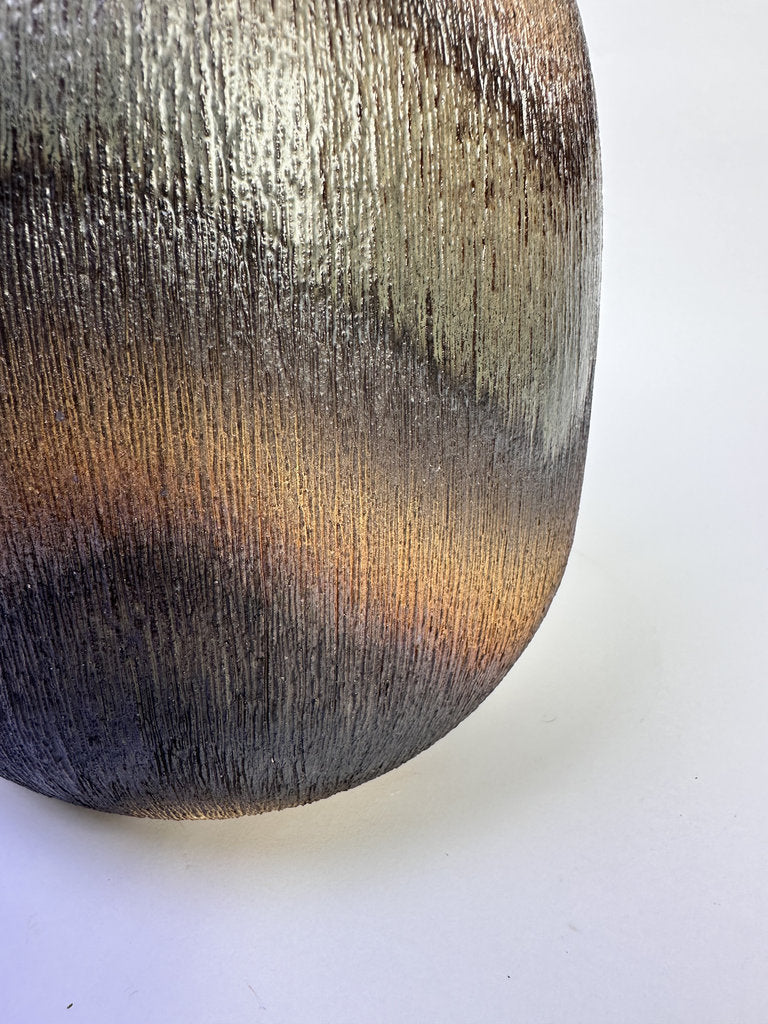 Vintage Japanese Shigaraki Vase, Signed, Carved Texture Fire Gradient