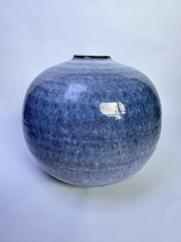 Vintage Japanese Namako Glaze Vase, Round Ceramic Kabin, Blue Violet Mottled Studio Pottery, 1998 Dated with Signed Tomobako Box