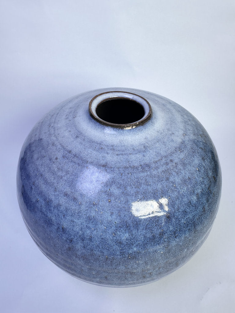 Vintage Japanese Namako Glaze Vase, Round Ceramic Kabin, Blue Violet Mottled Studio Pottery, 1998 Dated with Signed Tomobako Box