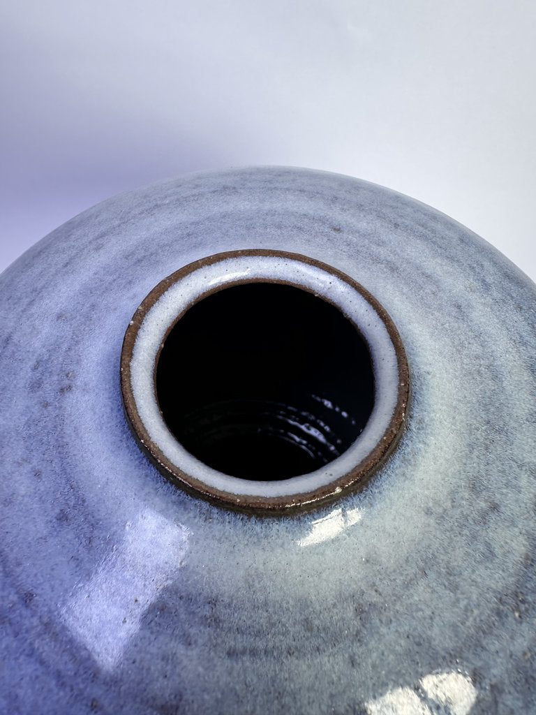 Vintage Japanese Namako Glaze Vase, Round Ceramic Kabin, Blue Violet Mottled Studio Pottery, 1998 Dated with Signed Tomobako Box