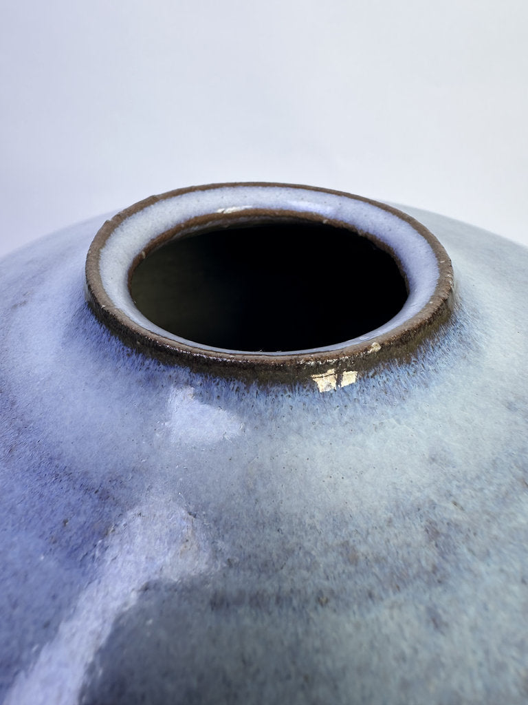 Vintage Japanese Namako Glaze Vase, Round Ceramic Kabin, Blue Violet Mottled Studio Pottery, 1998 Dated with Signed Tomobako Box