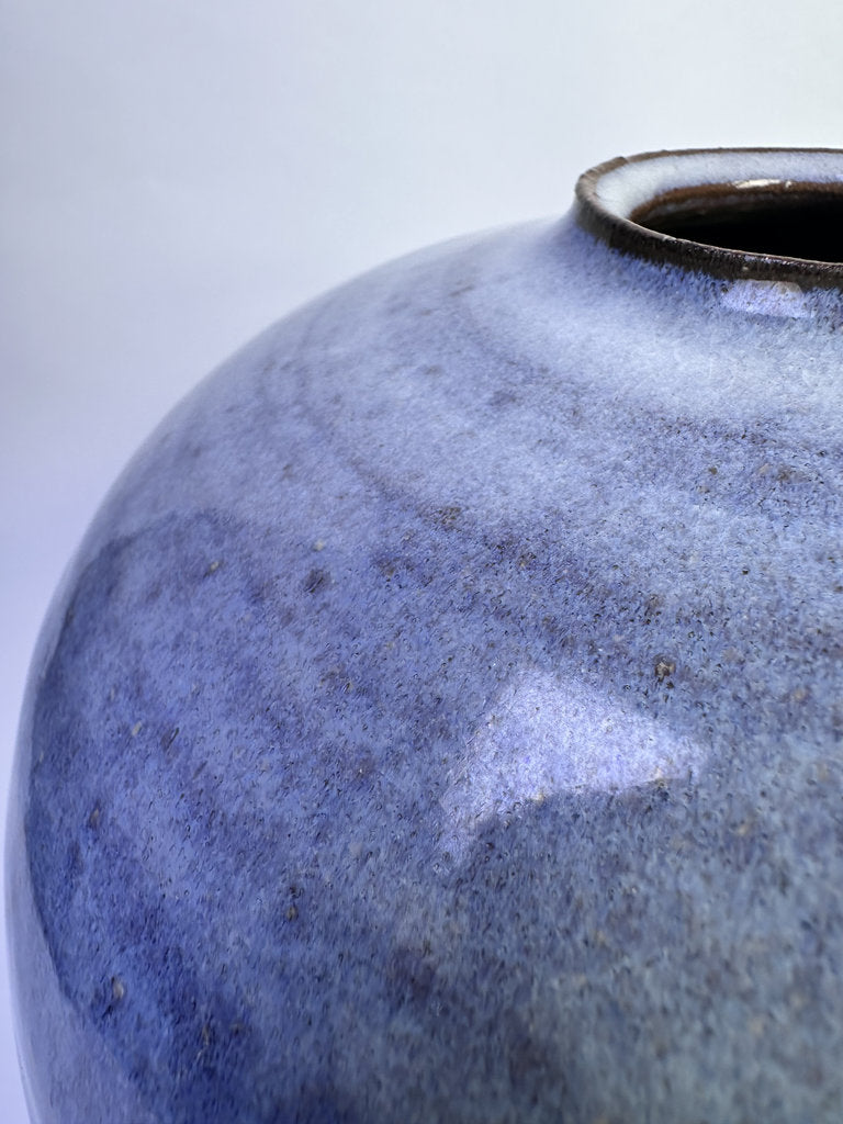 Vintage Japanese Namako Glaze Vase, Round Ceramic Kabin, Blue Violet Mottled Studio Pottery, 1998 Dated with Signed Tomobako Box