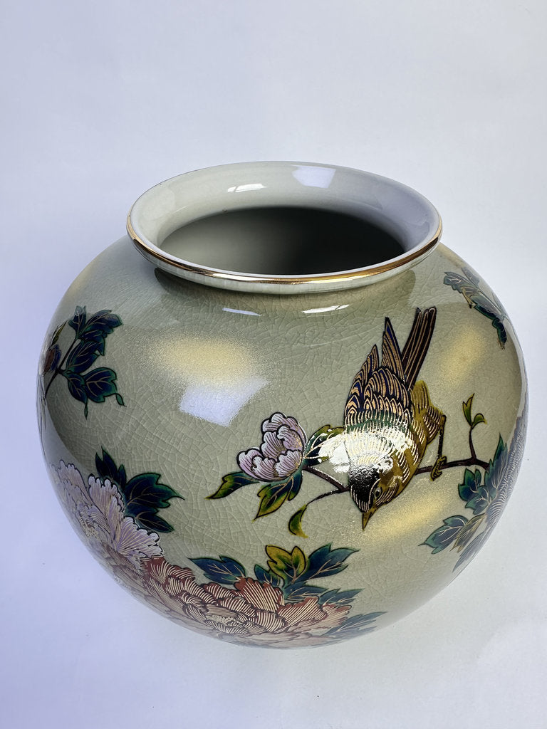 Vintage Kutani Ware Vase, Hand Painted Peony & Bird Ceramic Hanaire, Crackle Glaze Japanese Floral Vessel