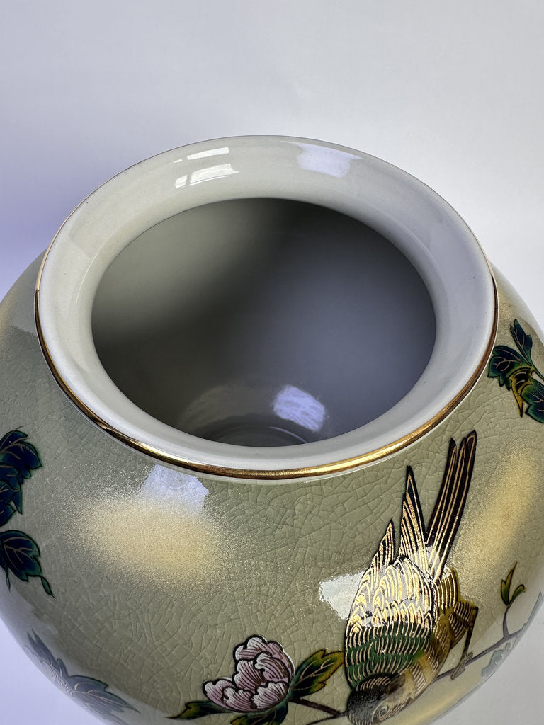 Vintage Kutani Ware Vase, Hand Painted Peony & Bird Ceramic Hanaire, Crackle Glaze Japanese Floral Vessel
