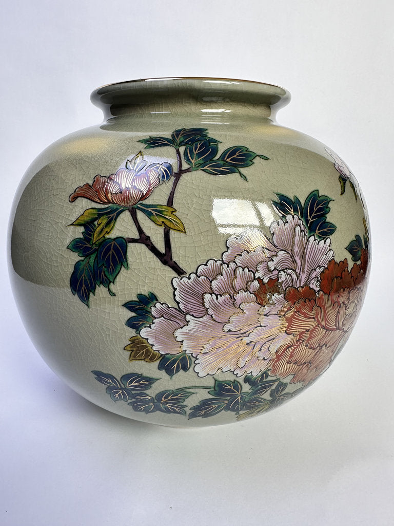 Vintage Kutani Ware Vase, Hand Painted Peony & Bird Ceramic Hanaire, Crackle Glaze Japanese Floral Vessel