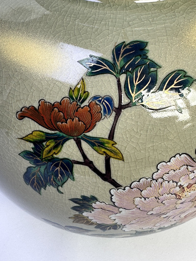 Vintage Kutani Ware Vase, Hand Painted Peony & Bird Ceramic Hanaire, Crackle Glaze Japanese Floral Vessel