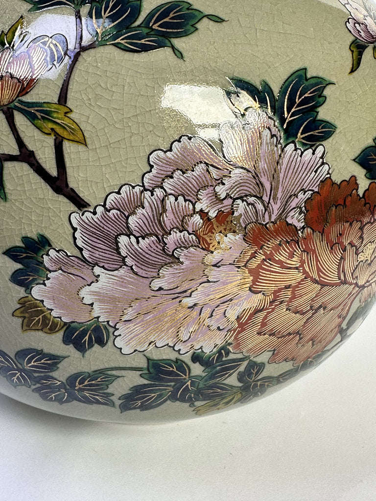 Vintage Kutani Ware Vase, Hand Painted Peony & Bird Ceramic Hanaire, Crackle Glaze Japanese Floral Vessel