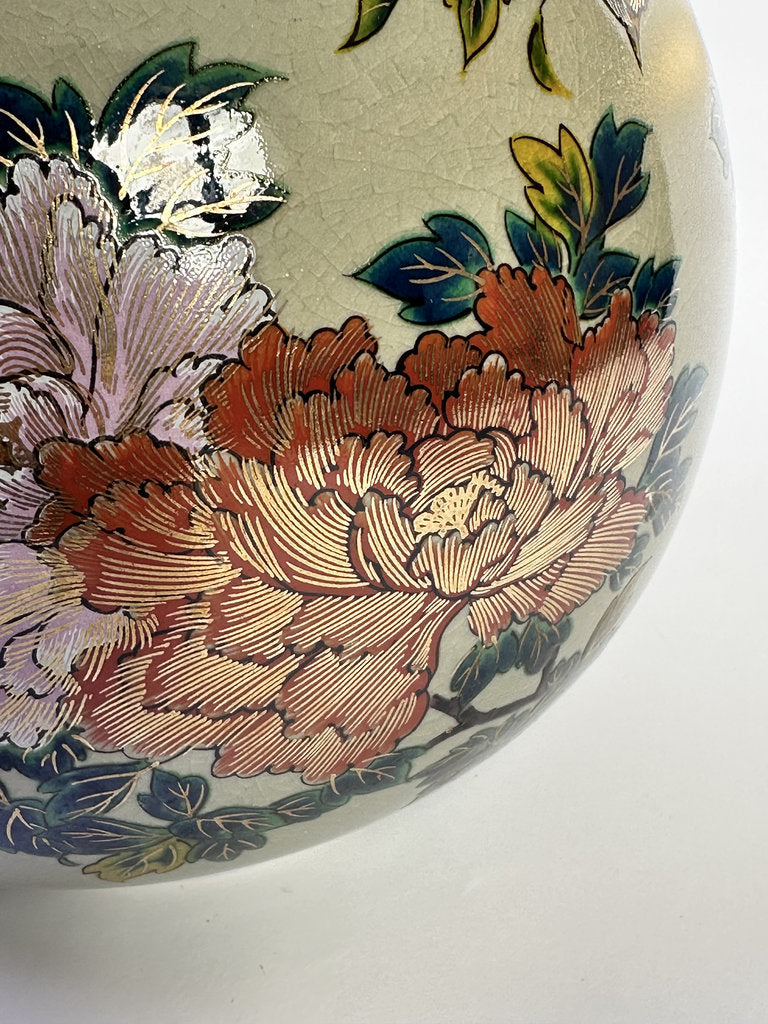 Vintage Kutani Ware Vase, Hand Painted Peony & Bird Ceramic Hanaire, Crackle Glaze Japanese Floral Vessel
