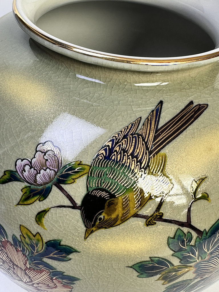 Vintage Kutani Ware Vase, Hand Painted Peony & Bird Ceramic Hanaire, Crackle Glaze Japanese Floral Vessel