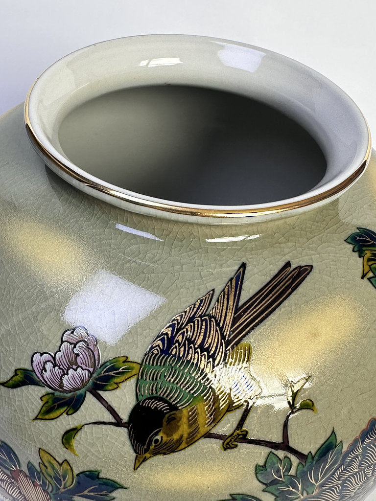 Vintage Kutani Ware Vase, Hand Painted Peony & Bird Ceramic Hanaire, Crackle Glaze Japanese Floral Vessel