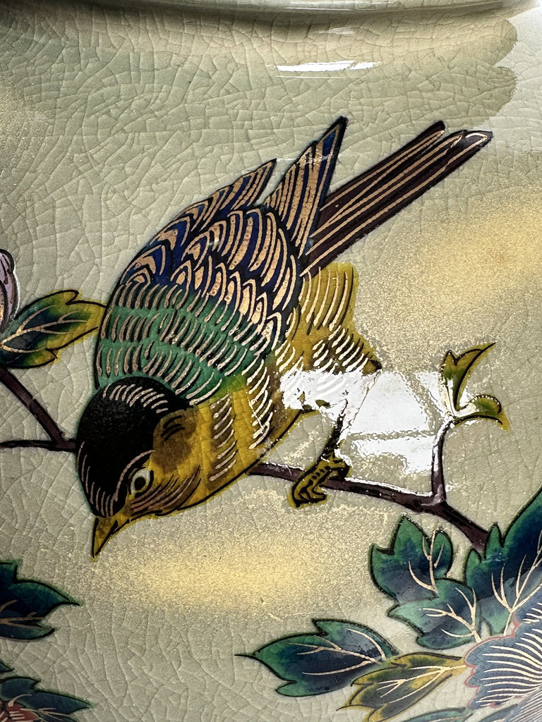 Vintage Kutani Ware Vase, Hand Painted Peony & Bird Ceramic Hanaire, Crackle Glaze Japanese Floral Vessel