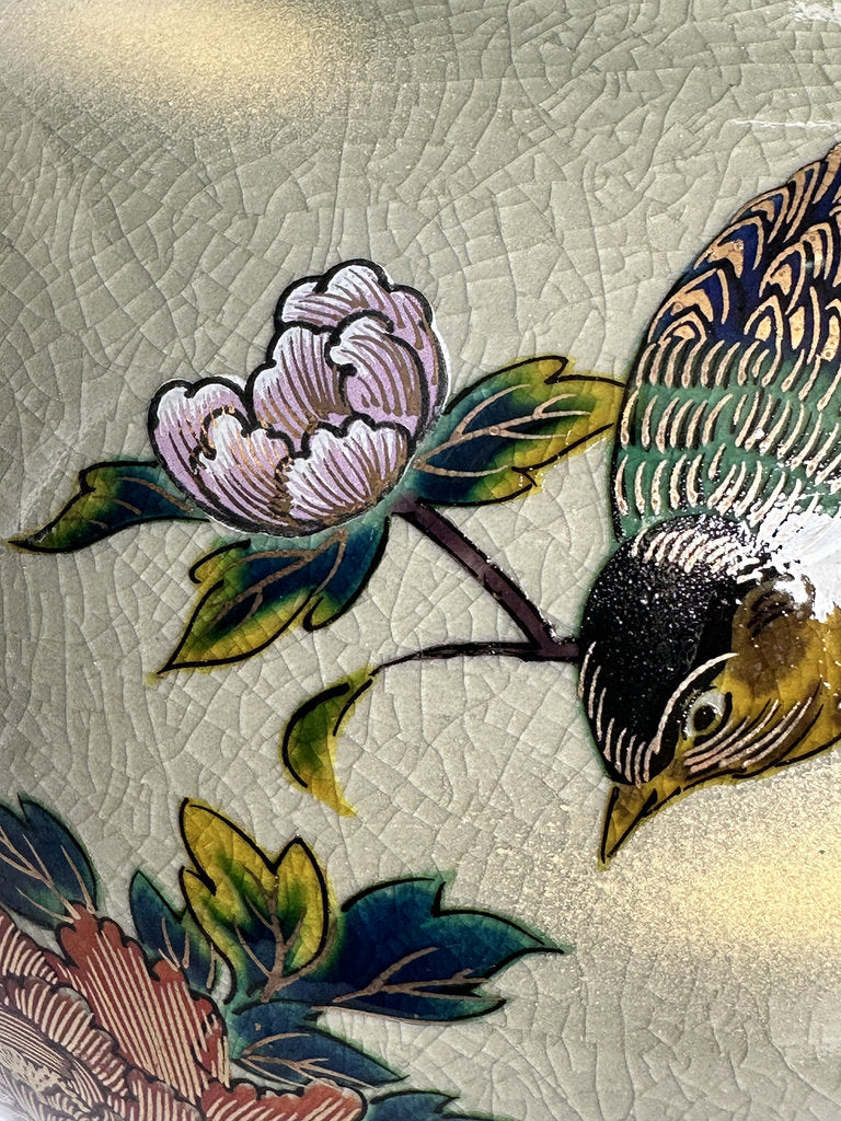 Vintage Kutani Ware Vase, Hand Painted Peony & Bird Ceramic Hanaire, Crackle Glaze Japanese Floral Vessel