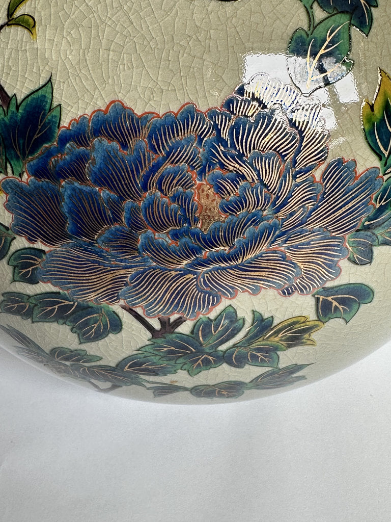 Vintage Kutani Ware Vase, Hand Painted Peony & Bird Ceramic Hanaire, Crackle Glaze Japanese Floral Vessel