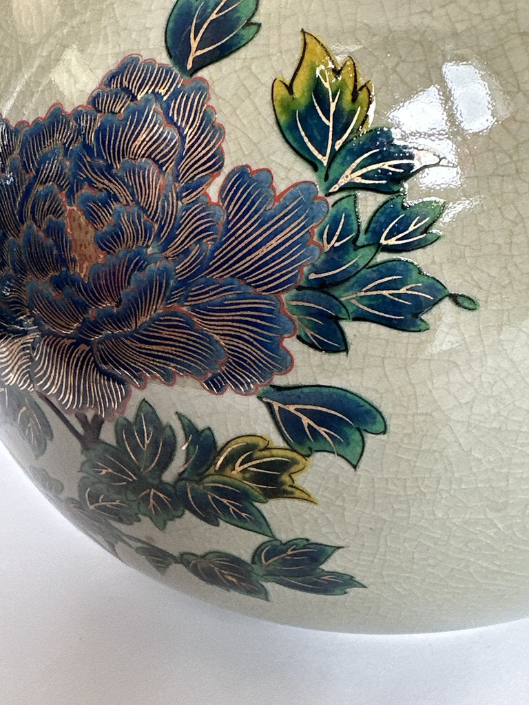 Vintage Kutani Ware Vase, Hand Painted Peony & Bird Ceramic Hanaire, Crackle Glaze Japanese Floral Vessel