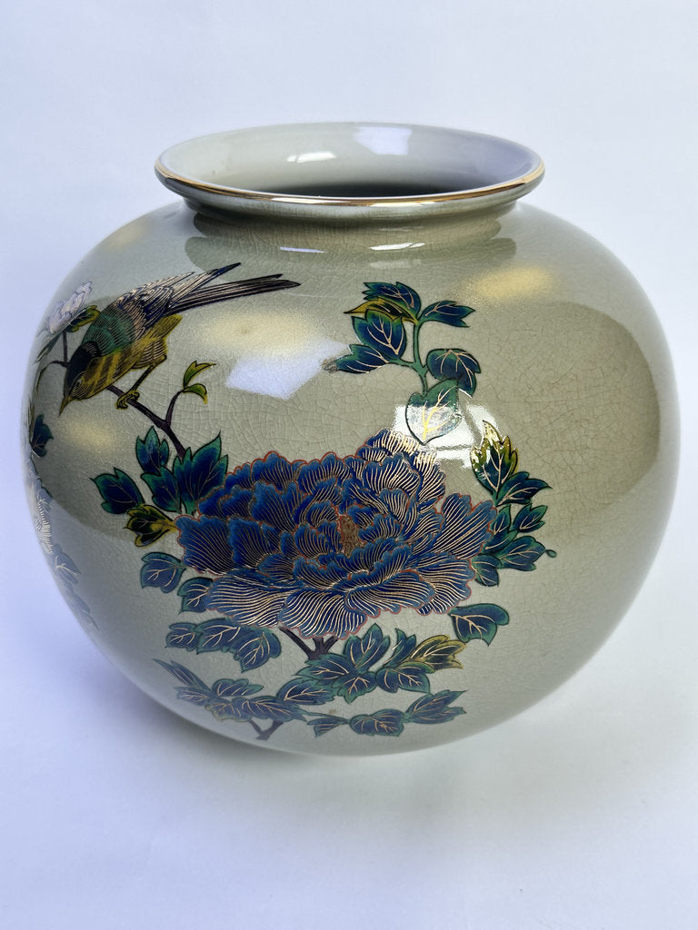 Vintage Kutani Ware Vase, Hand Painted Peony & Bird Ceramic Hanaire, Crackle Glaze Japanese Floral Vessel