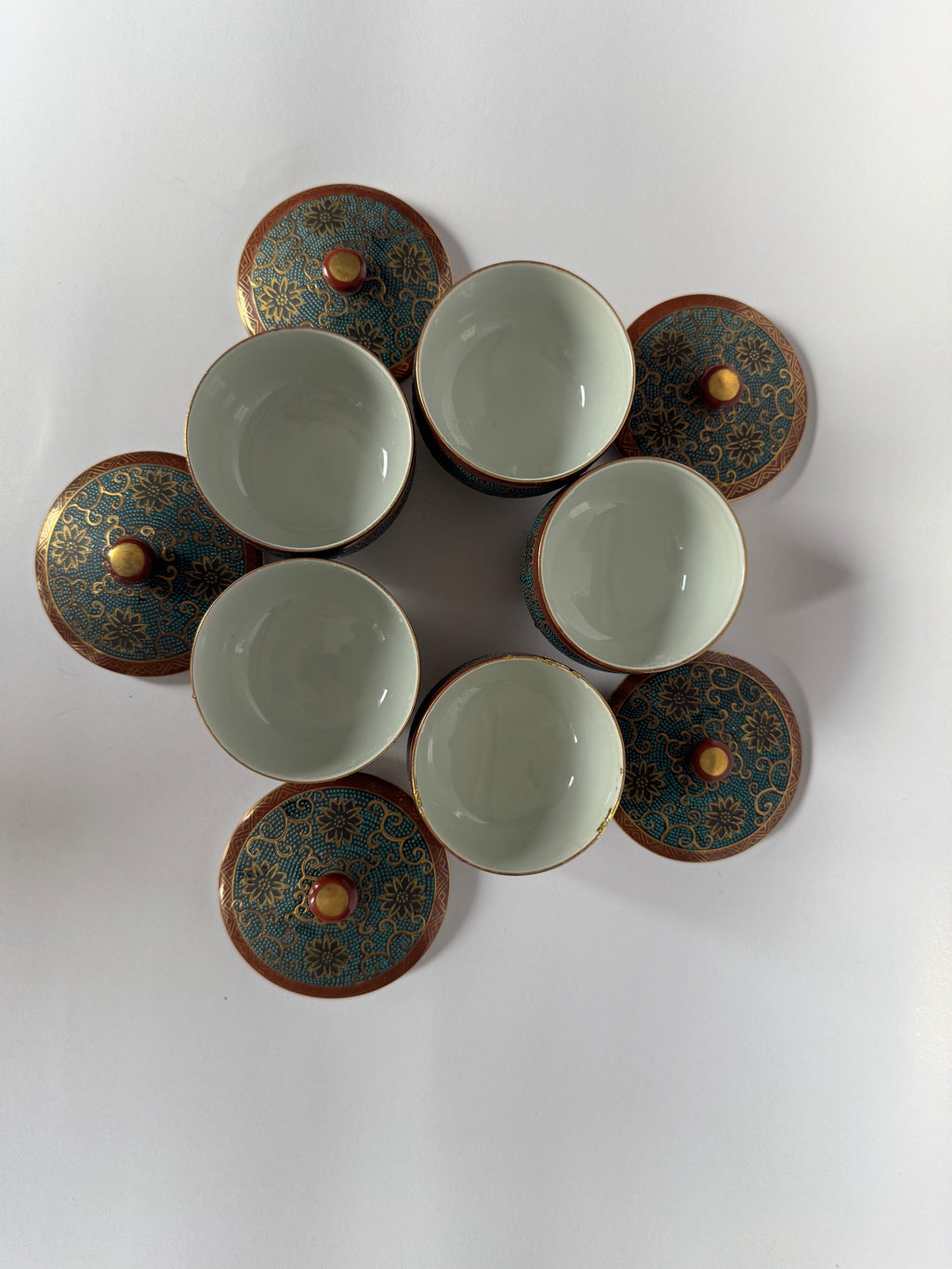 Vintage Japanese Kutani Ware Tea Set – Kyusu Teapot & Lidded Cups – Brocade Pattern with Kintsugi