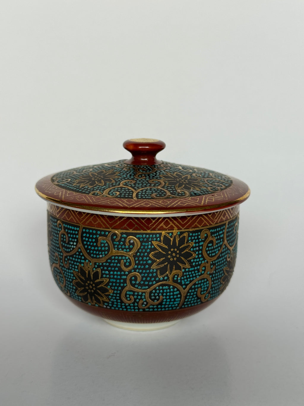 Vintage Japanese Kutani Ware Tea Set – Kyusu Teapot & Lidded Cups – Brocade Pattern with Kintsugi