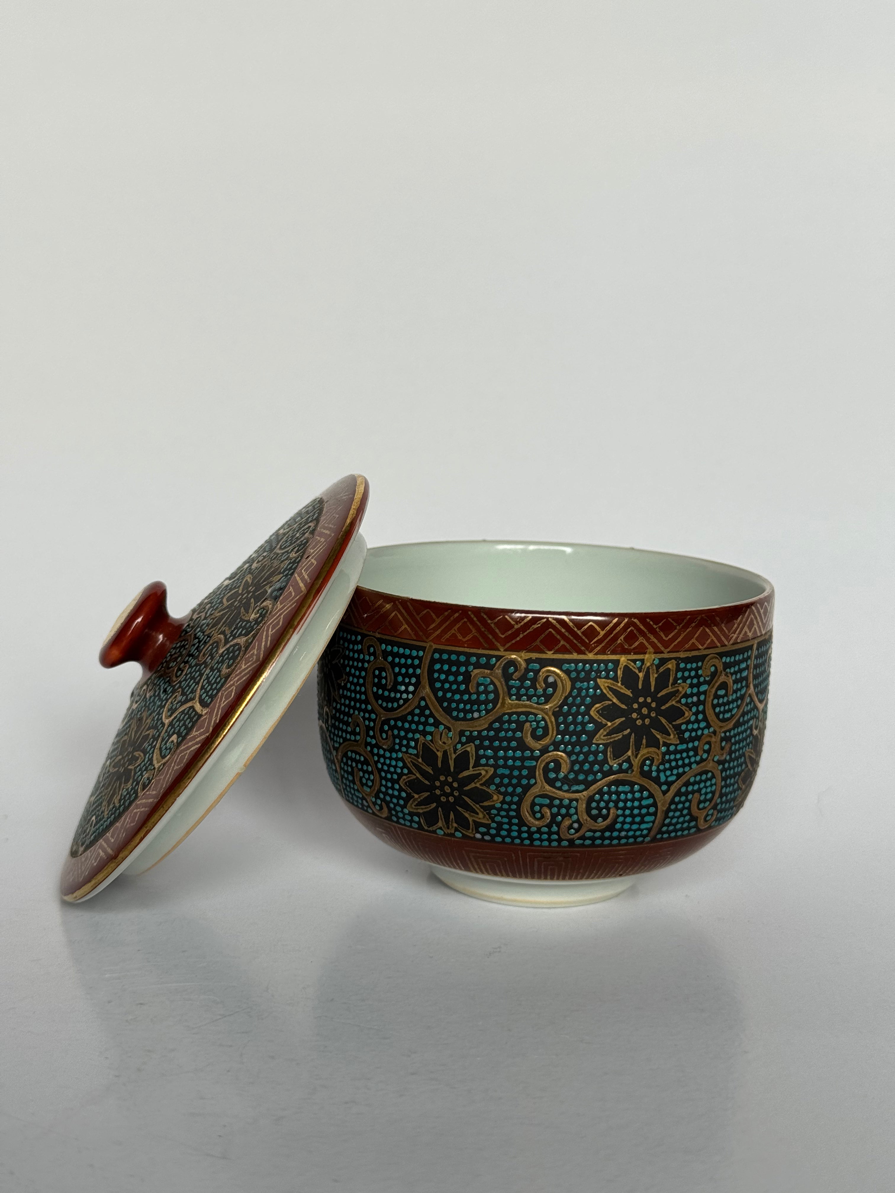 Vintage Japanese Kutani Ware Tea Set – Kyusu Teapot & Lidded Cups – Brocade Pattern with Kintsugi