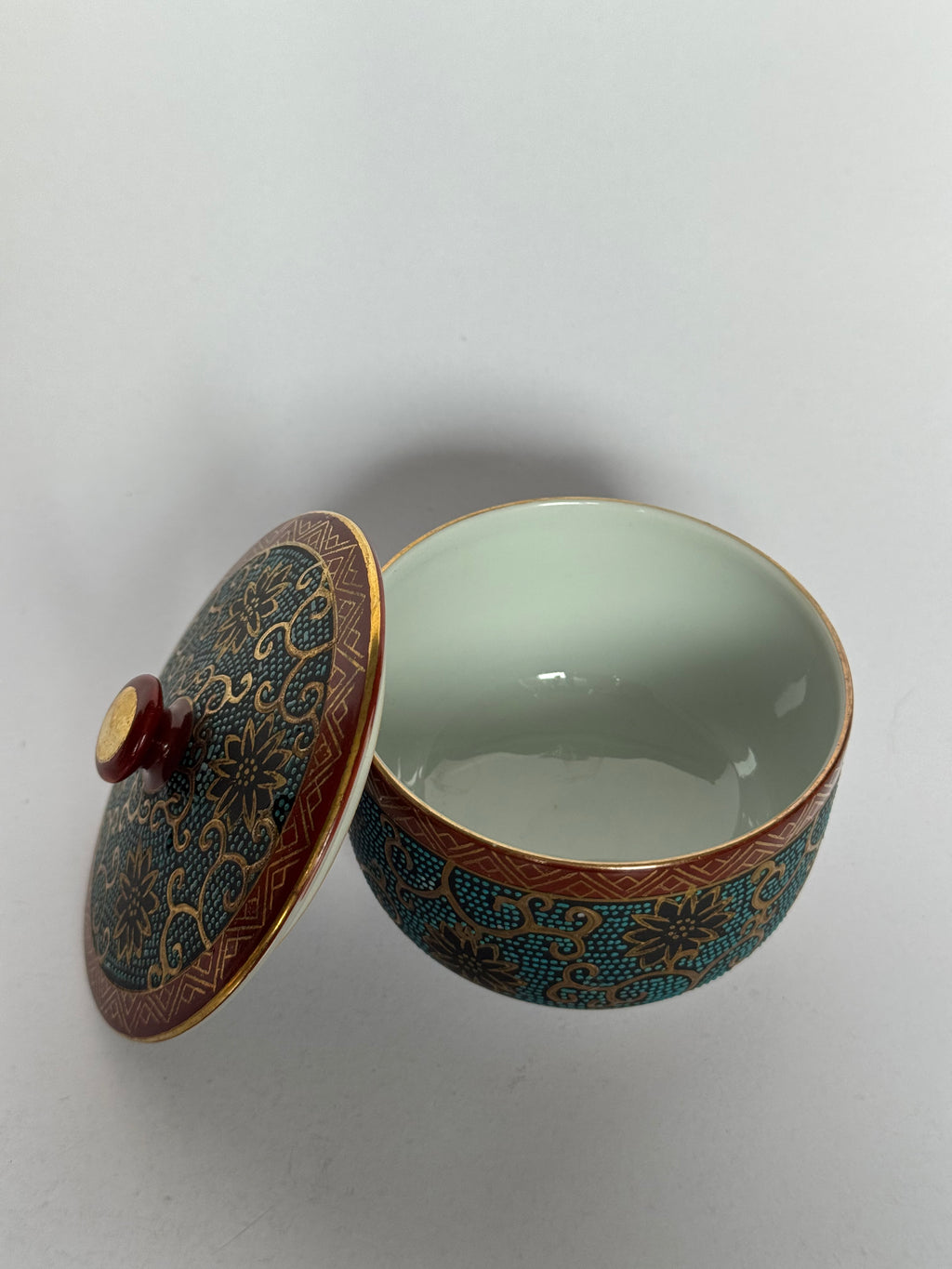 Vintage Japanese Kutani Ware Tea Set – Kyusu Teapot & Lidded Cups – Brocade Pattern with Kintsugi