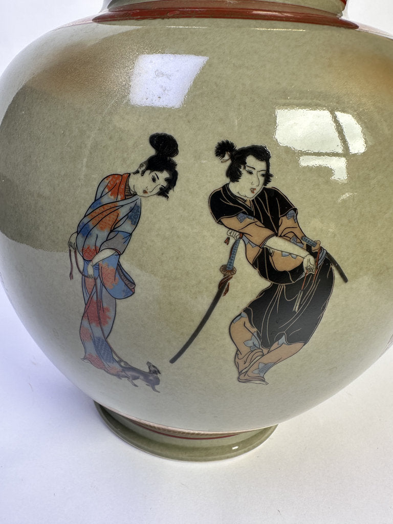 Vintage Japanese Kutani Style Vase, Aka-e Kinrande Samurai Scene, Red Gold Enamel, Zen Tea Ceremony Verse