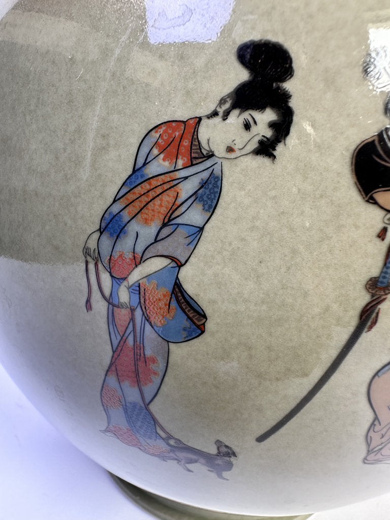 Vintage Japanese Kutani Style Vase, Aka-e Kinrande Samurai Scene, Red Gold Enamel, Zen Tea Ceremony Verse