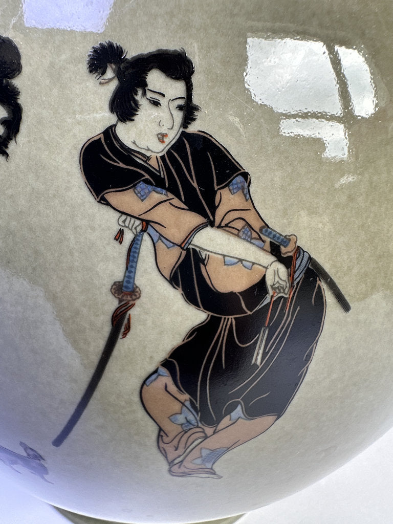 Vintage Japanese Kutani Style Vase, Aka-e Kinrande Samurai Scene, Red Gold Enamel, Zen Tea Ceremony Verse