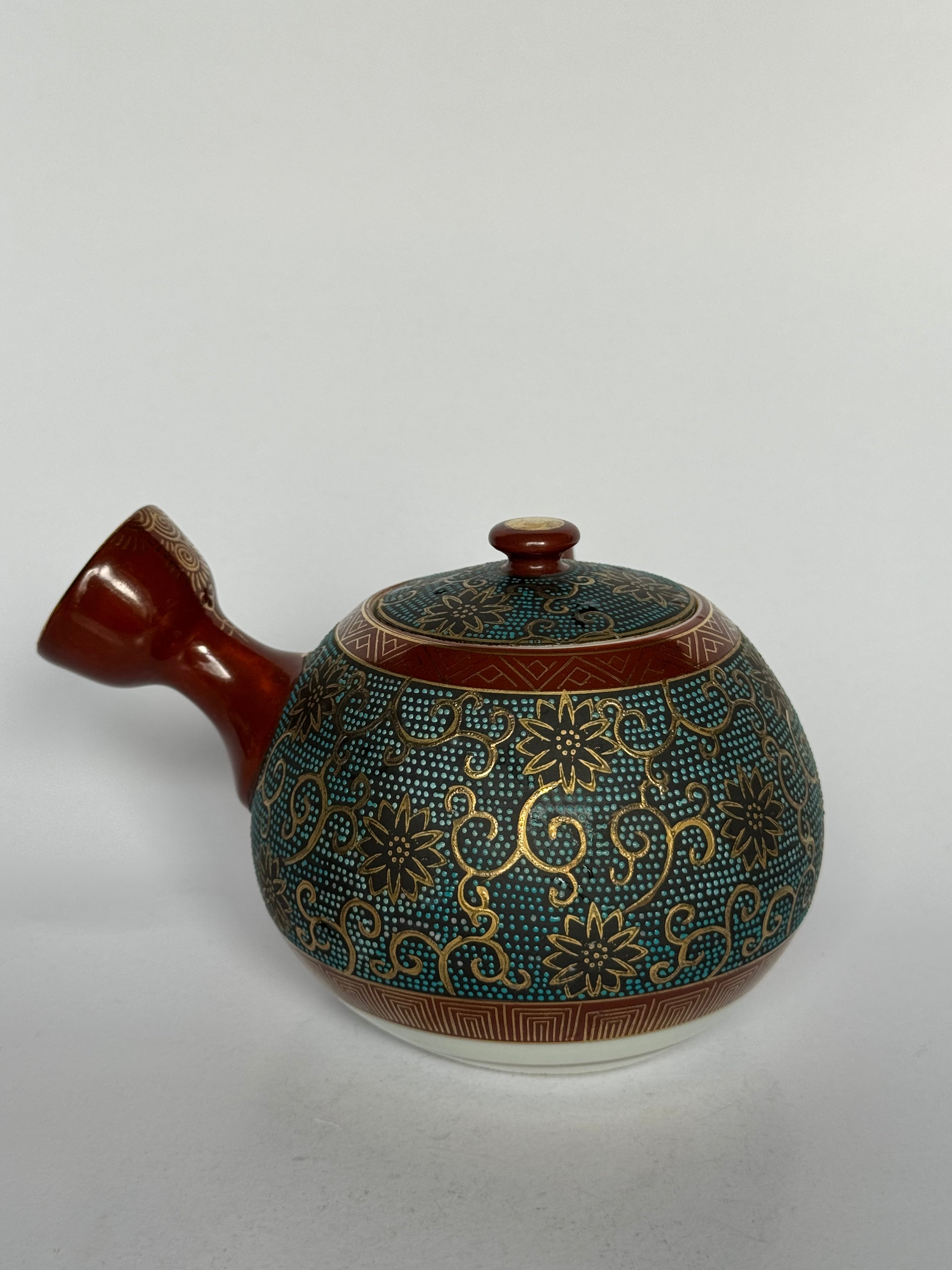 Vintage Japanese Kutani Ware Tea Set – Kyusu Teapot & Lidded Cups – Brocade Pattern with Kintsugi