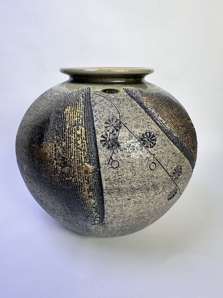 Vintage Japanese Kyoto Studio Vase, Sabi Textured Stoneware, Gold Leaf Kinsai Accents, Ash Drip Rim, Handmade