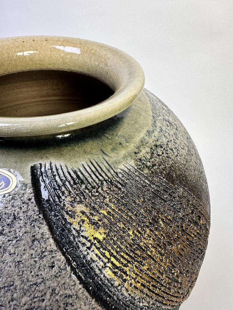 Vintage Japanese Kyoto Studio Vase, Sabi Textured Stoneware, Gold Leaf Kinsai Accents, Ash Drip Rim, Handmade