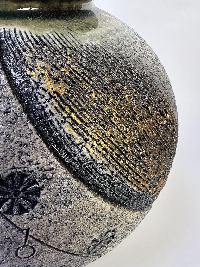 Vintage Japanese Kyoto Studio Vase, Sabi Textured Stoneware, Gold Leaf Kinsai Accents, Ash Drip Rim, Handmade